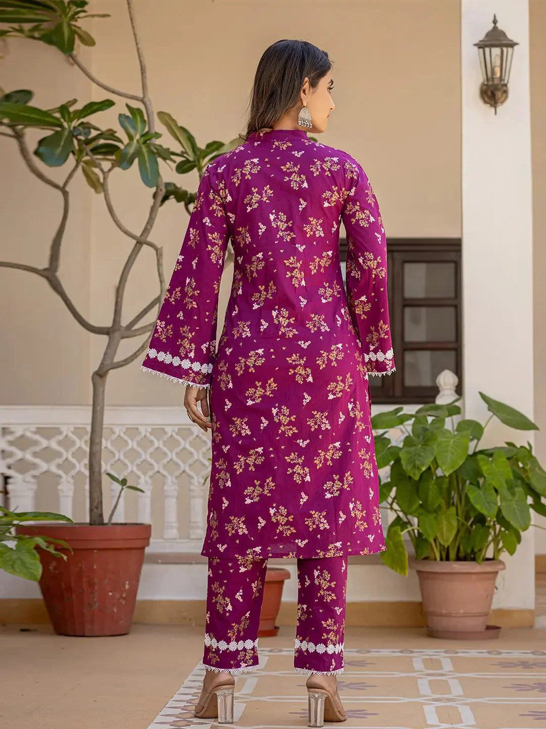 Yufta Purple Floral Print Straight Pakistani Style Kurta Trouser And Dupatta Set | Grocsy