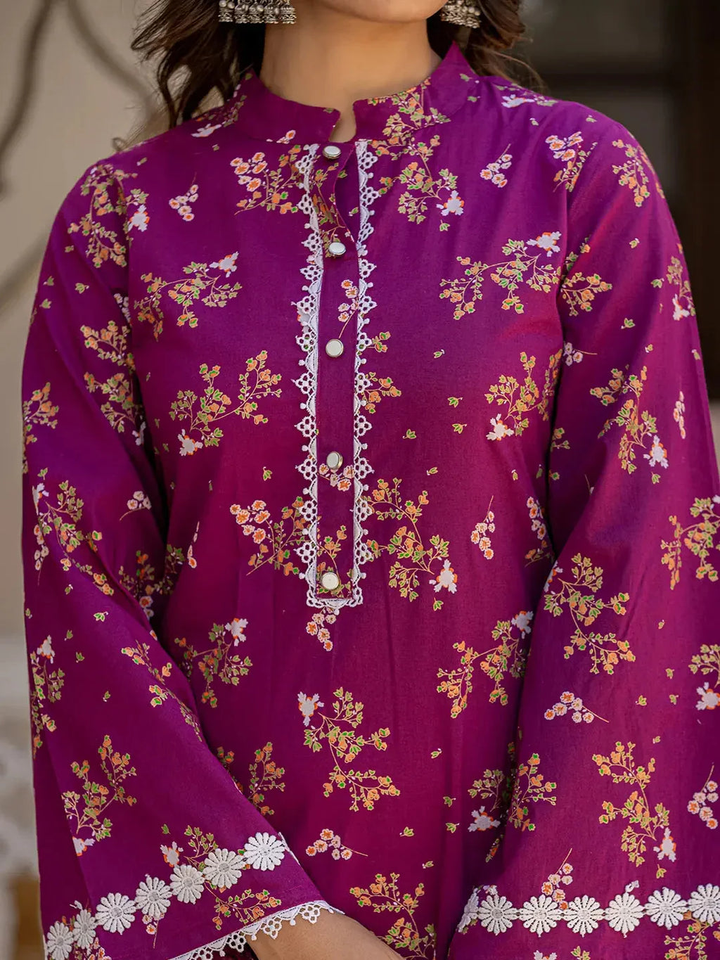 Yufta Purple Floral Print Straight Pakistani Style Kurta Trouser And Dupatta Set | Grocsy