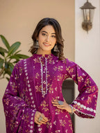 Yufta Purple Floral Print Straight Pakistani Style Kurta Trouser And Dupatta Set | Grocsy