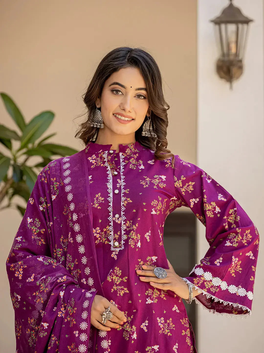 Yufta Purple Floral Print Straight Pakistani Style Kurta Trouser And Dupatta Set | Grocsy