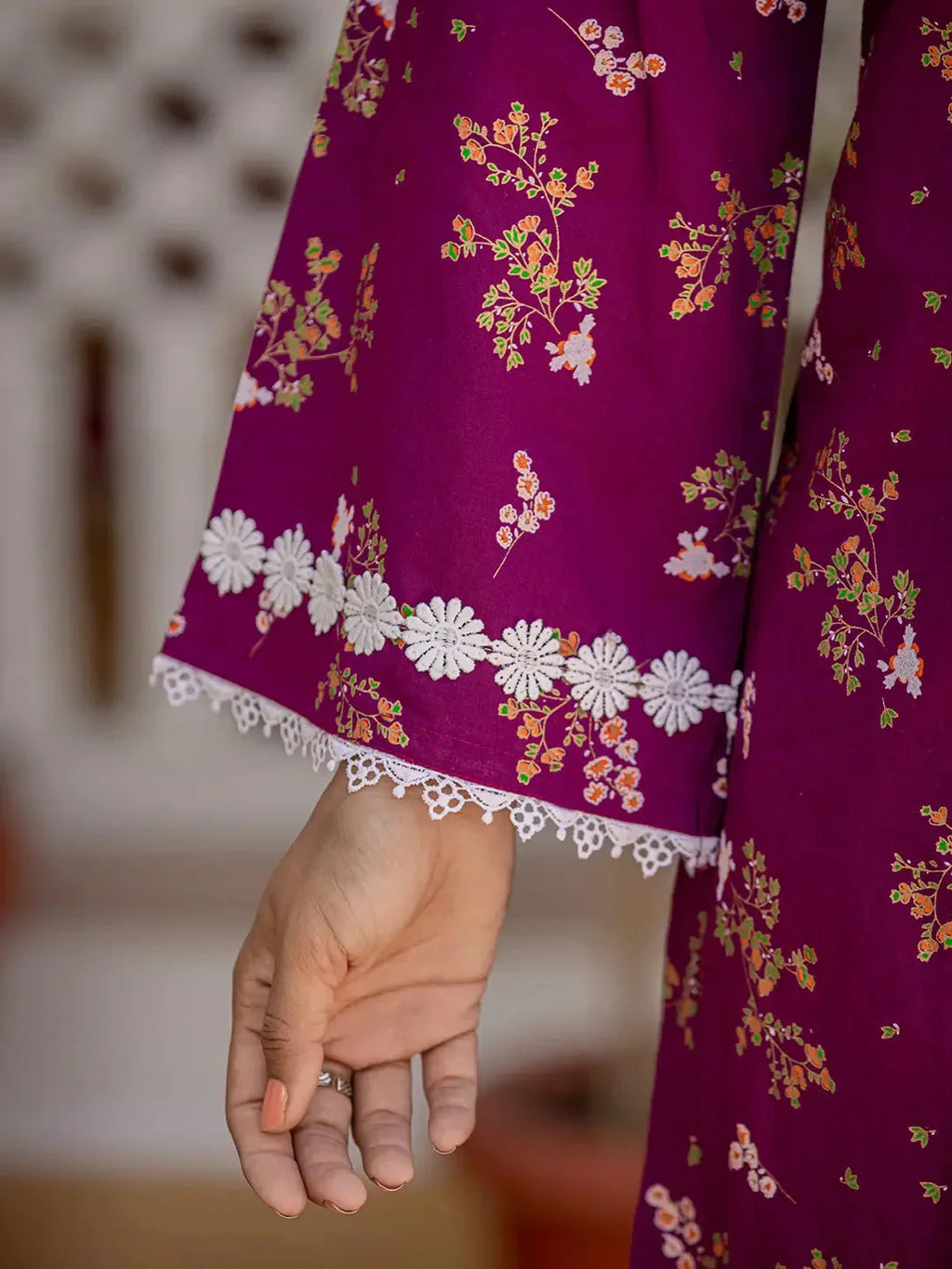 Yufta Purple Floral Print Straight Pakistani Style Kurta Trouser And Dupatta Set | Grocsy