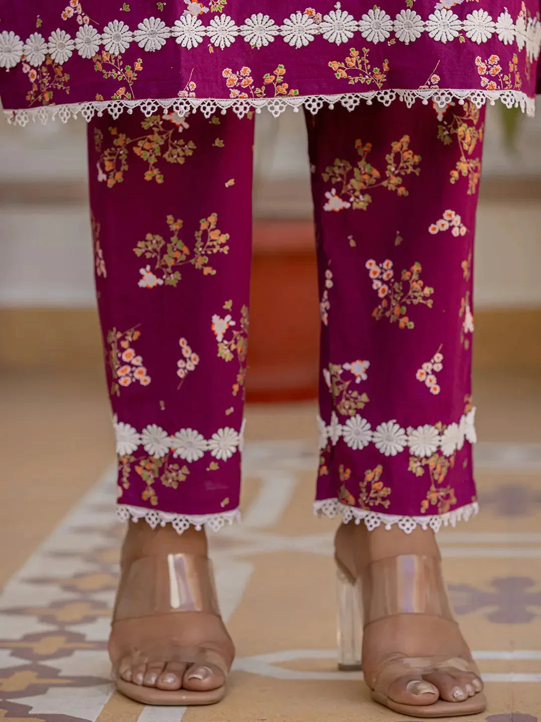 Yufta Purple Floral Print Straight Pakistani Style Kurta Trouser And Dupatta Set | Grocsy