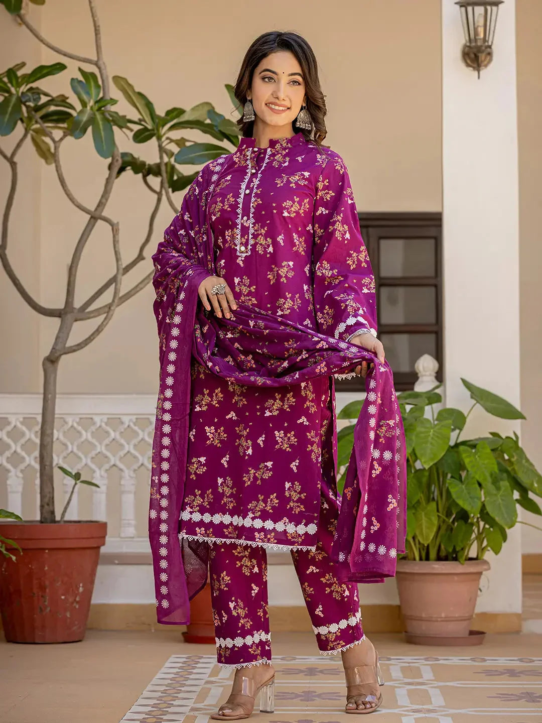 Yufta Purple Floral Print Straight Pakistani Style Kurta Trouser And Dupatta Set | Grocsy