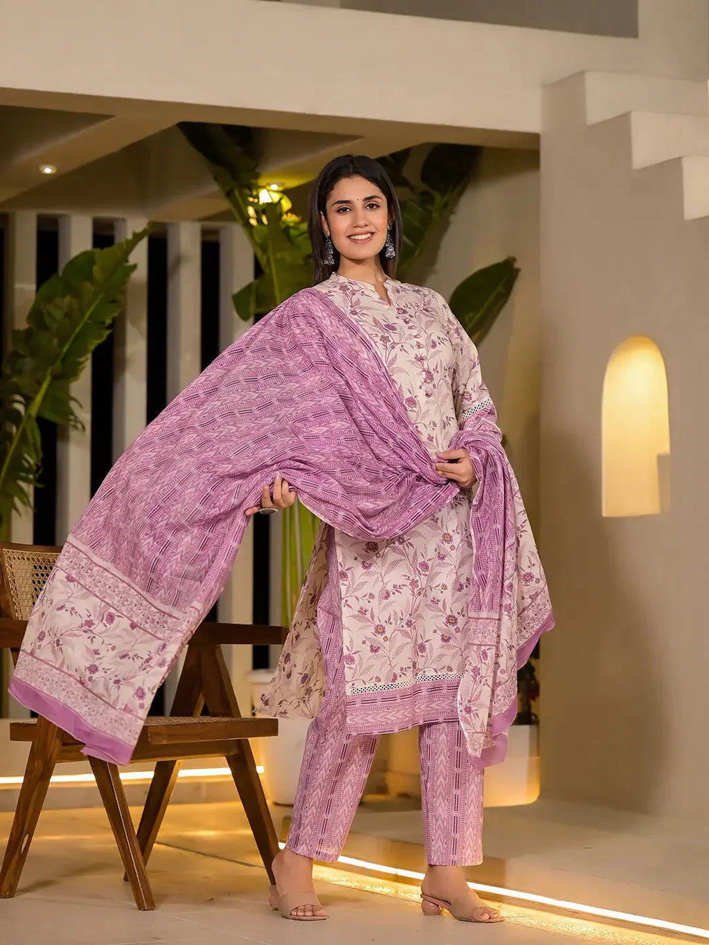 Yufta Purple Leaf Print Cotton Pakistani Style Kurta With Trousers With Dupatta Set | Grocsy