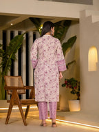 Yufta Purple Leaf Print Cotton Pakistani Style Kurta With Trousers With Dupatta Set | Grocsy