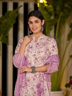 Yufta Purple Leaf Print Cotton Pakistani Style Kurta With Trousers With Dupatta Set | Grocsy