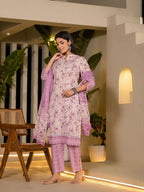 Yufta Purple Leaf Print Cotton Pakistani Style Kurta With Trousers With Dupatta Set | Grocsy