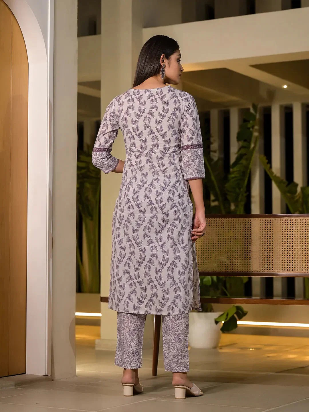 Yufta Purple Leaf Print Cotton Straight Kurta With Trousers And Dupatta Set | Grocsy