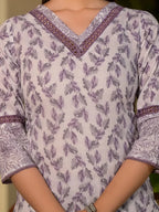 Yufta Purple Leaf Print Cotton Straight Kurta With Trousers And Dupatta Set | Grocsy