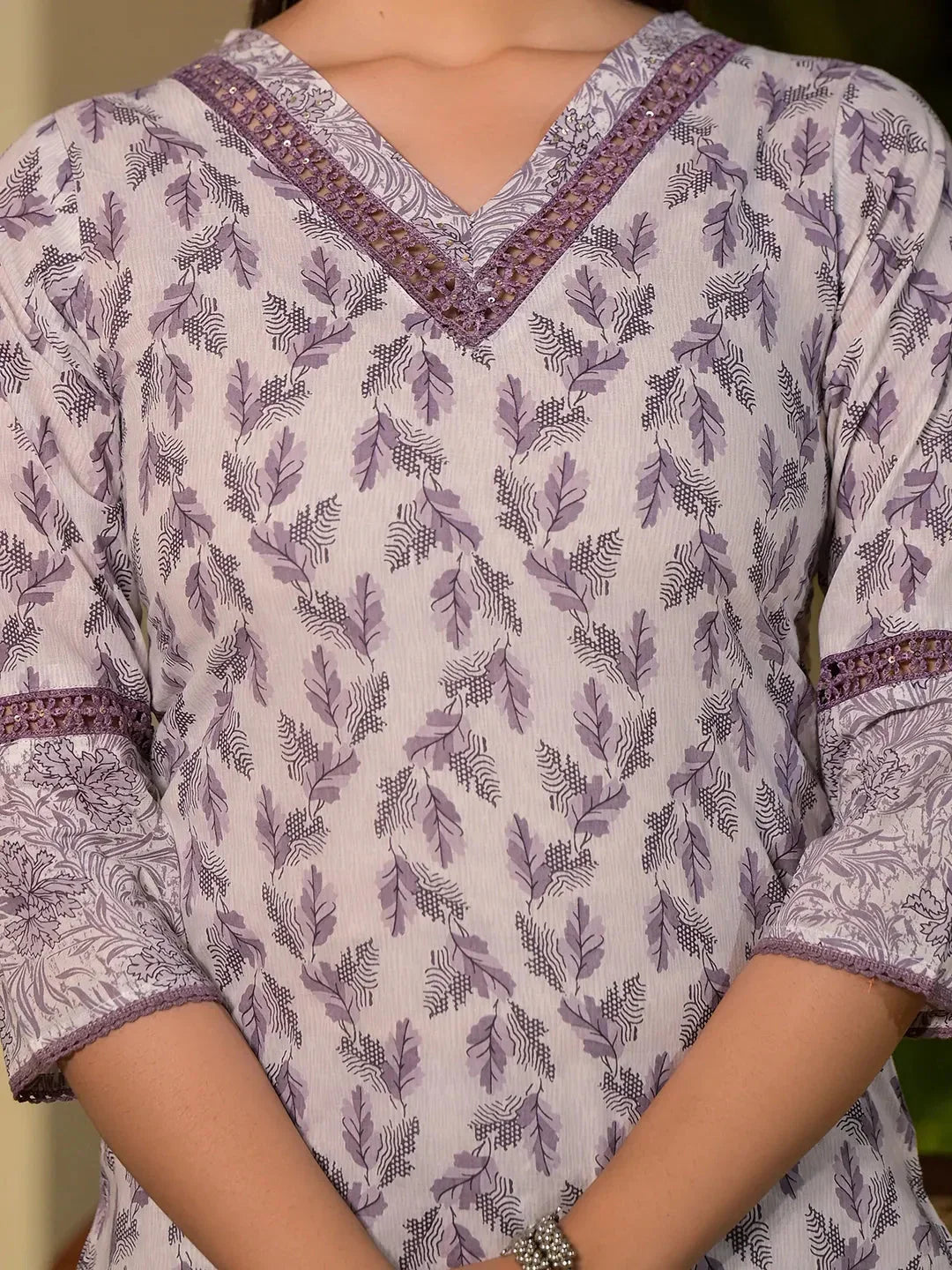 Yufta Purple Leaf Print Cotton Straight Kurta With Trousers And Dupatta Set | Grocsy