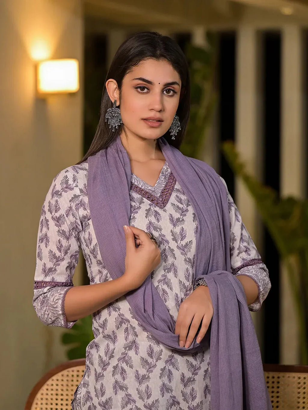 Yufta Purple Leaf Print Cotton Straight Kurta With Trousers And Dupatta Set | Grocsy