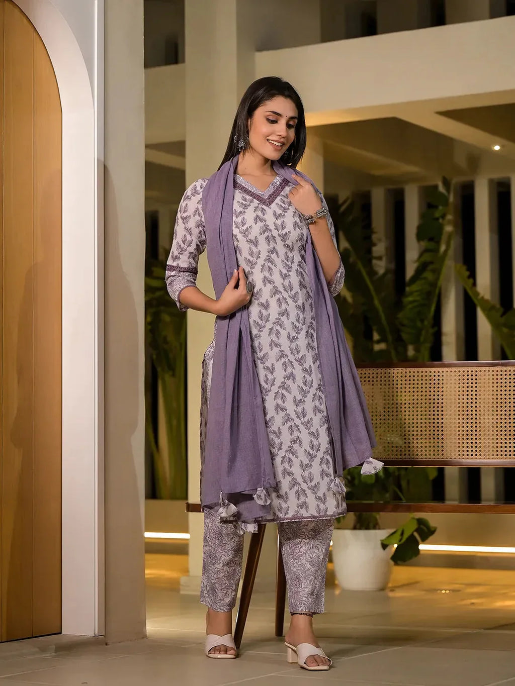 Yufta Purple Leaf Print Cotton Straight Kurta With Trousers And Dupatta Set | Grocsy