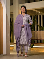 Yufta Purple Leaf Print Cotton Straight Kurta With Trousers And Dupatta Set | Grocsy