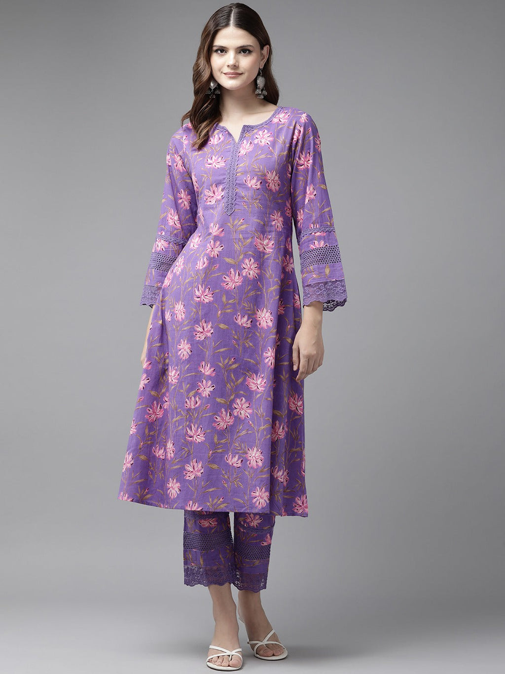 Yufta Purple Pure Cotton kurta set with embroidery Kurta Trouser Set | Grocsy