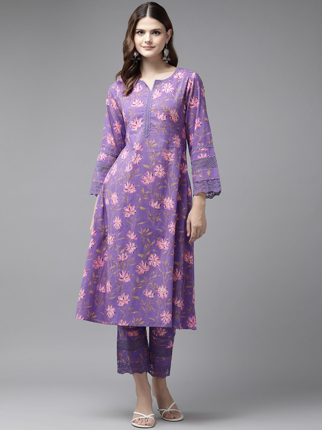 Yufta Purple Pure Cotton kurta set with embroidery Kurta Trouser Set | Grocsy
