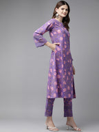 Yufta Purple Pure Cotton kurta set with embroidery Kurta Trouser Set | Grocsy