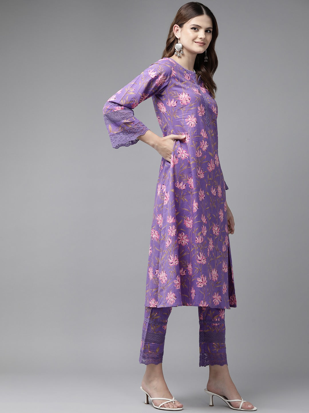 Yufta Purple Pure Cotton kurta set with embroidery Kurta Trouser Set | Grocsy