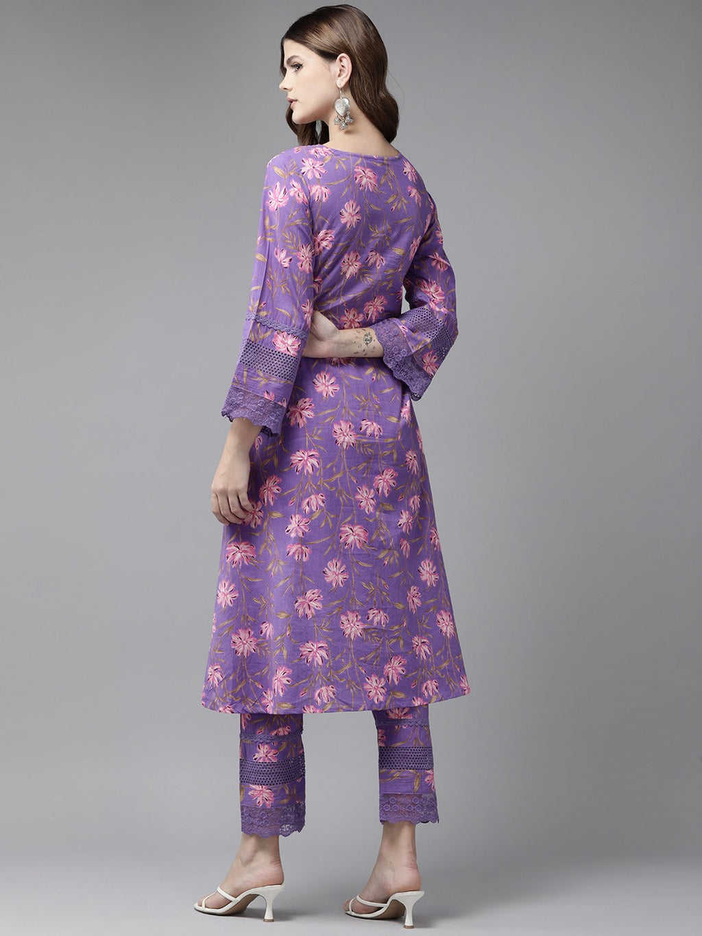 Yufta Purple Pure Cotton kurta set with embroidery Kurta Trouser Set | Grocsy