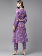 Yufta Purple Pure Cotton kurta set with embroidery Kurta Trouser Set | Grocsy