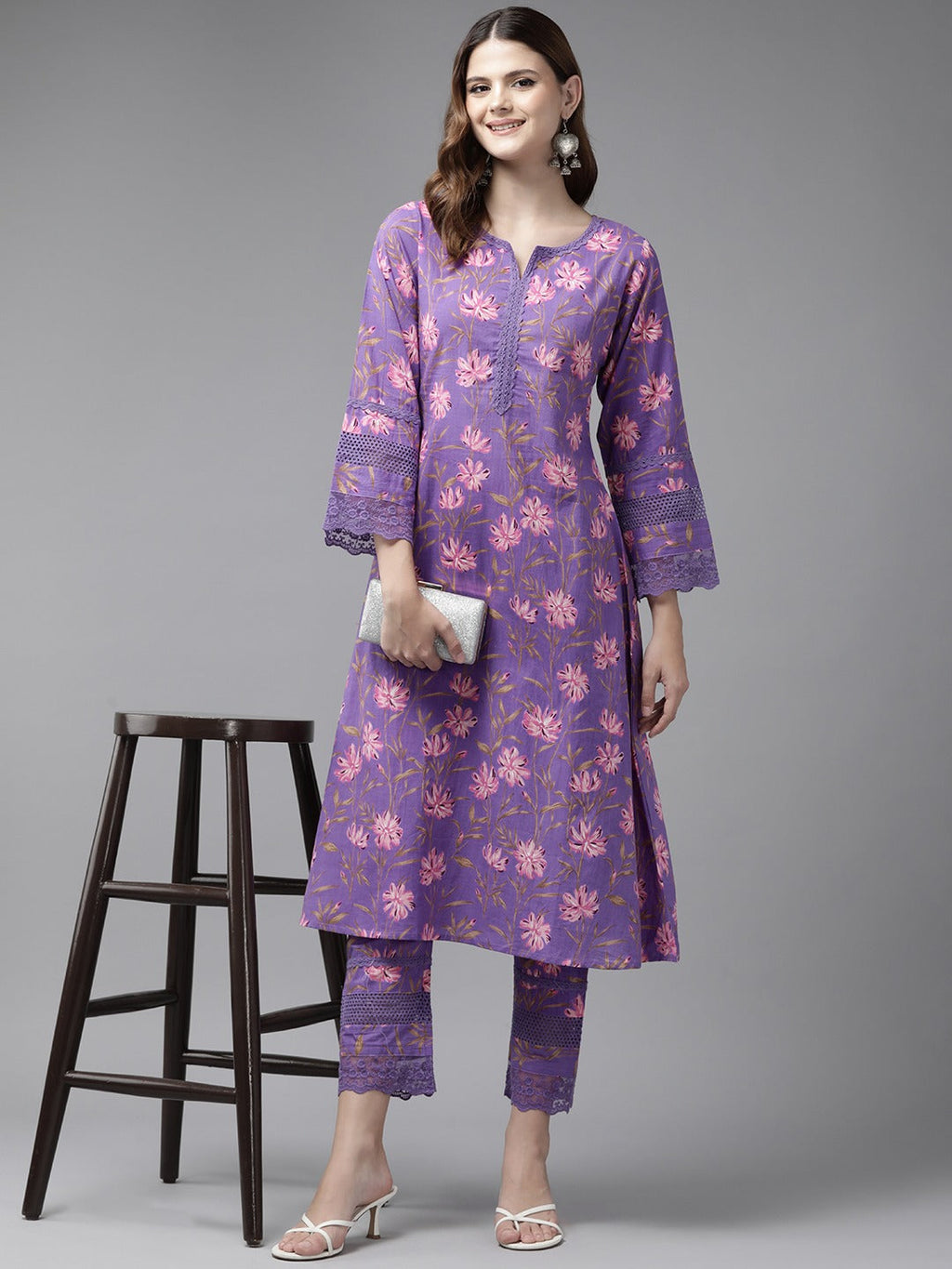 Yufta Purple Pure Cotton kurta set with embroidery Kurta Trouser Set | Grocsy