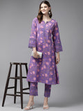 Yufta Purple Pure Cotton kurta set with embroidery Kurta Trouser Set | Grocsy
