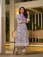 Yufta Purple Resham Embroidery Cotton Straight Kurta With Trouser Set | Grocsy