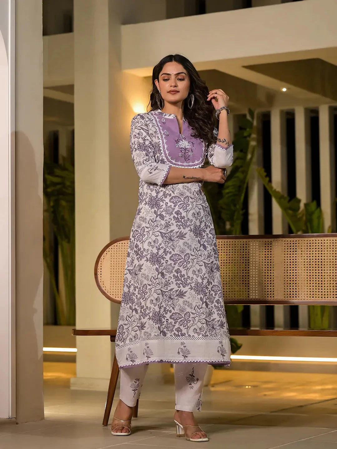 Yufta Purple Resham Embroidery Cotton Straight Kurta With Trouser Set | Grocsy