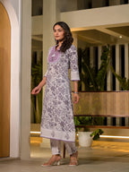 Yufta Purple Resham Embroidery Cotton Straight Kurta With Trouser Set | Grocsy