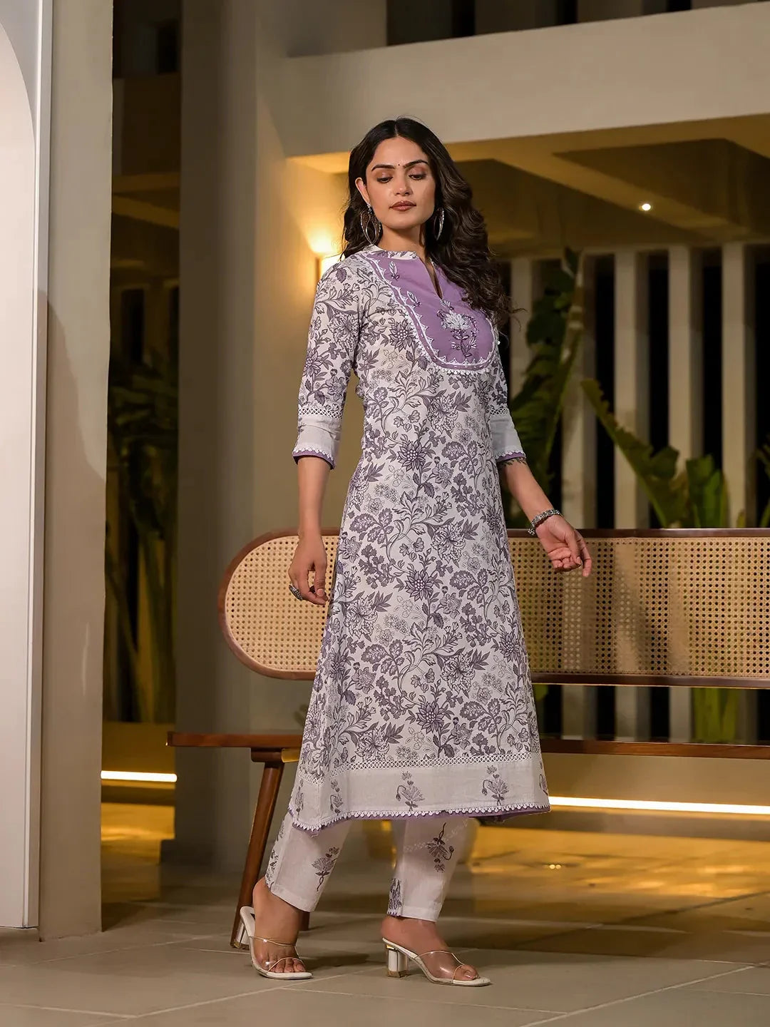 Yufta Purple Resham Embroidery Cotton Straight Kurta With Trouser Set | Grocsy