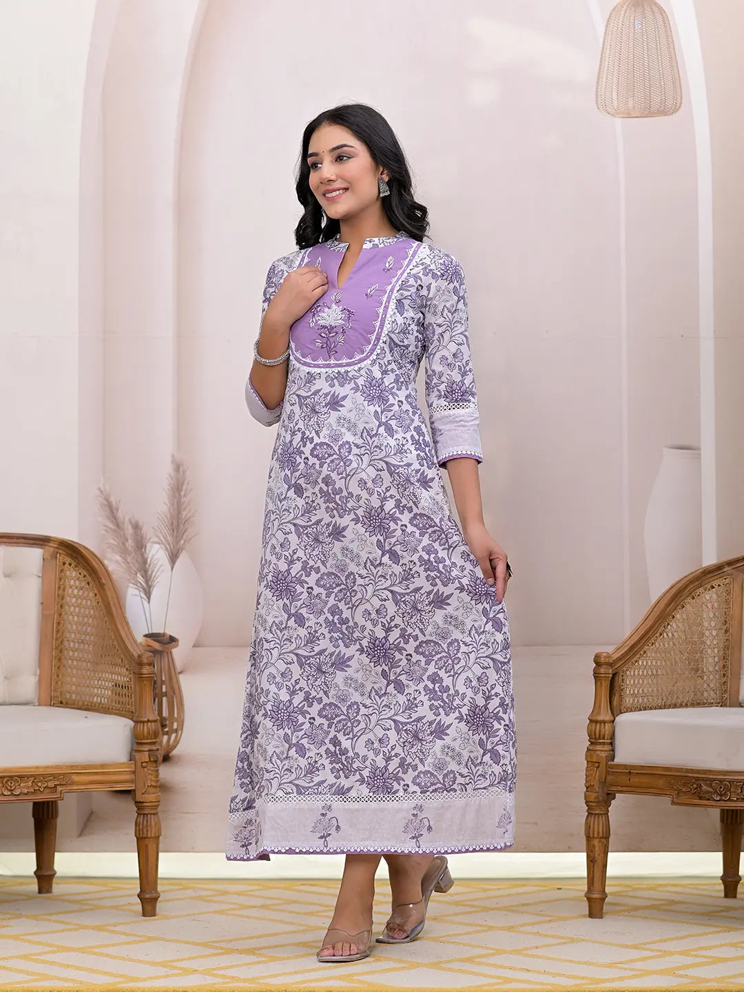 Yufta Purple Resham_Embroidery Cotton A-Liine Dress | Grocsy