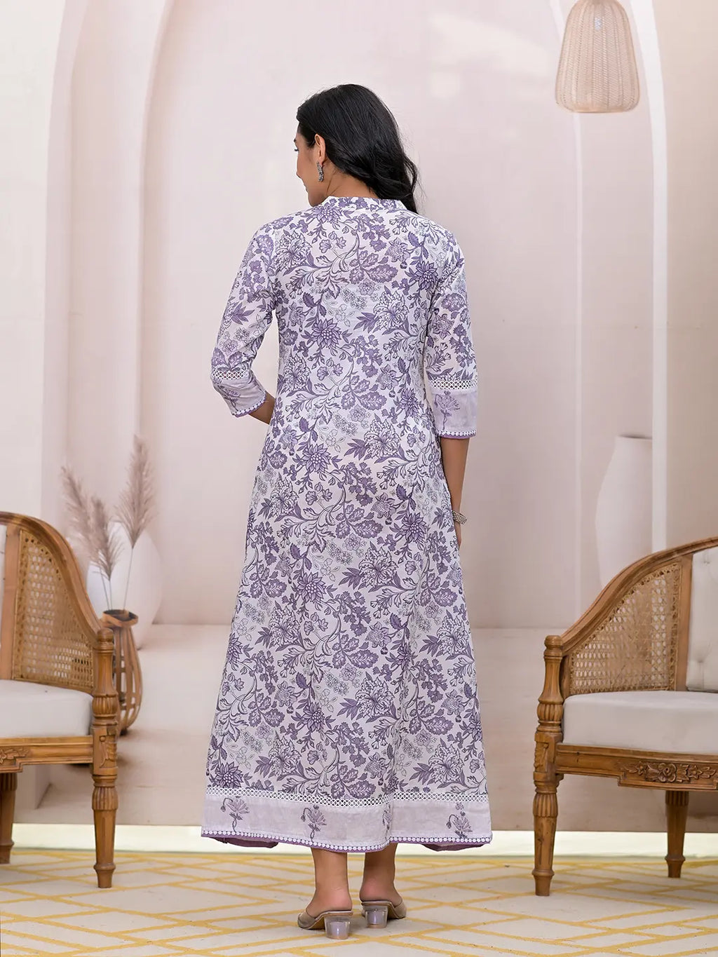 Yufta Purple Resham_Embroidery Cotton A-Liine Dress | Grocsy