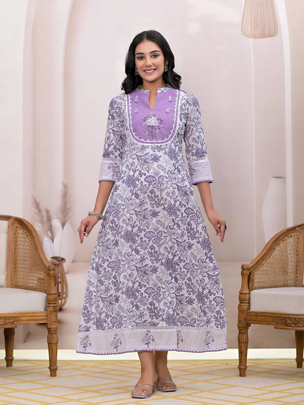 Yufta Purple Resham_Embroidery Cotton A-Liine Dress | Grocsy