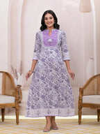 Yufta Purple Resham_Embroidery Cotton A-Liine Dress | Grocsy