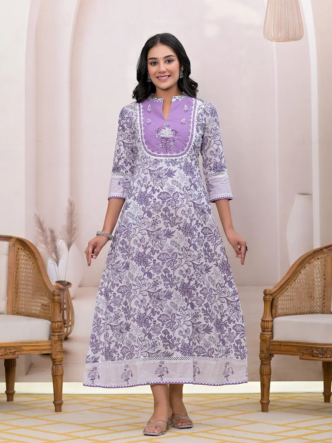Yufta Purple Resham_Embroidery Cotton A-Liine Dress | Grocsy
