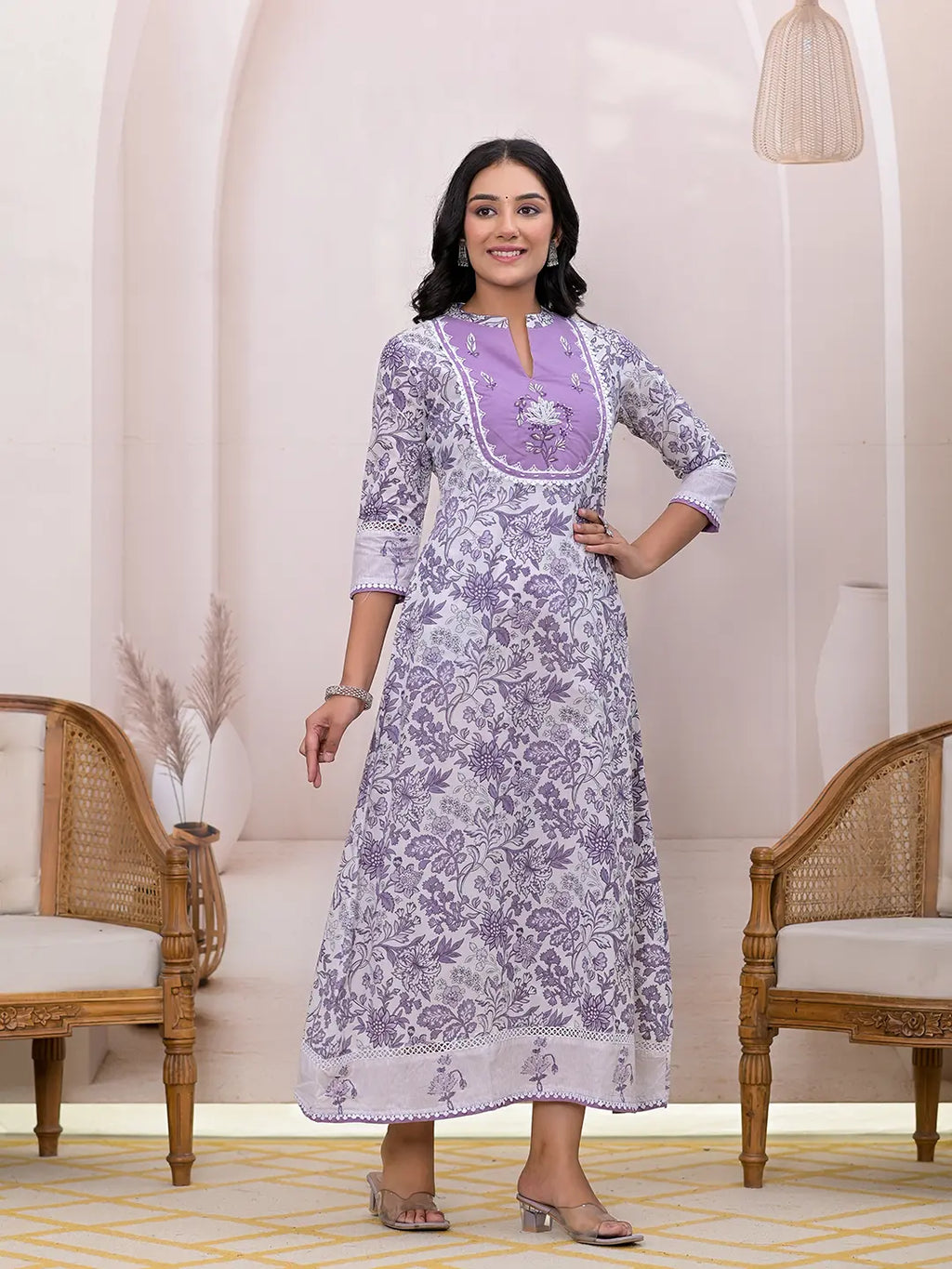 Yufta Purple Resham_Embroidery Cotton A-Liine Dress | Grocsy