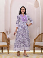 Yufta Purple Resham_Embroidery Cotton A-Liine Dress | Grocsy