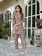 Yufta Purple Silk blend Floral Print Co-ord set | Grocsy
