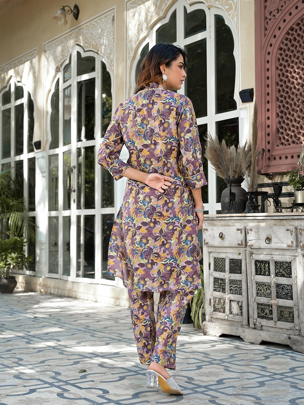 Yufta Purple Silk blend Floral Print Co-ord set | Grocsy