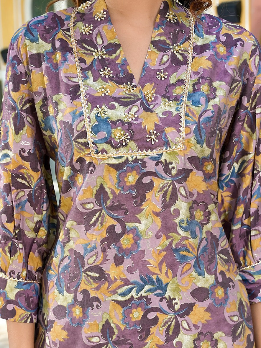 Yufta Purple Silk blend Floral Print Co-ord set | Grocsy