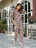 Yufta Purple Silk blend Floral Print Co-ord set | Grocsy