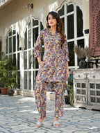 Yufta Purple Silk blend Floral Print Co-ord set | Grocsy