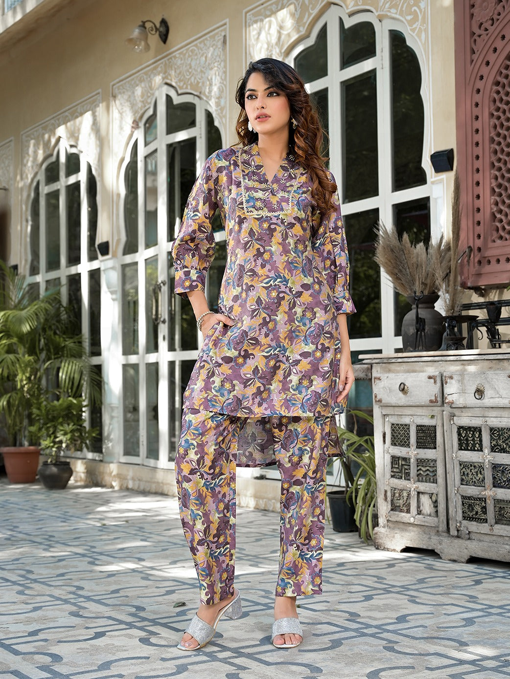 Yufta Purple Silk blend Floral Print Co-ord set | Grocsy