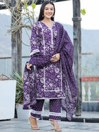 Yufta Purple pure Cotton kurta dupatta set with Thread_Work detailing | Grocsy