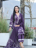 Yufta Purple pure Cotton kurta dupatta set with Thread_Work detailing | Grocsy