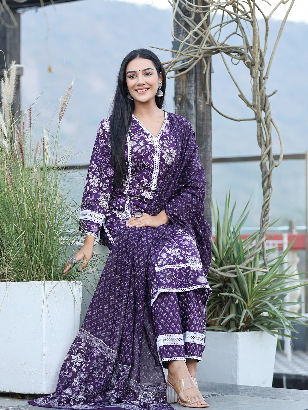Yufta Purple pure Cotton kurta dupatta set with Thread_Work detailing | Grocsy