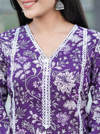 Yufta Purple pure Cotton kurta dupatta set with Thread_Work detailing | Grocsy