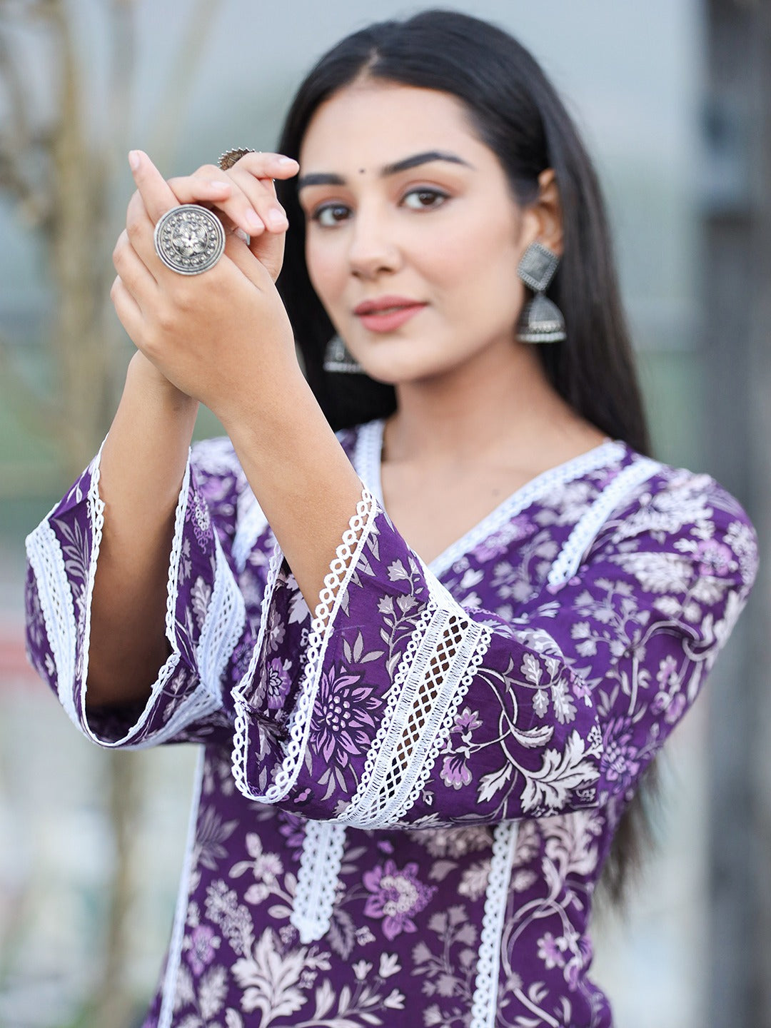 Yufta Purple pure Cotton kurta dupatta set with Thread_Work detailing | Grocsy