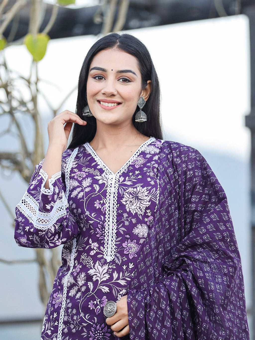 Yufta Purple pure Cotton kurta dupatta set with Thread_Work detailing | Grocsy