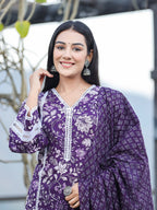 Yufta Purple pure Cotton kurta dupatta set with Thread_Work detailing | Grocsy