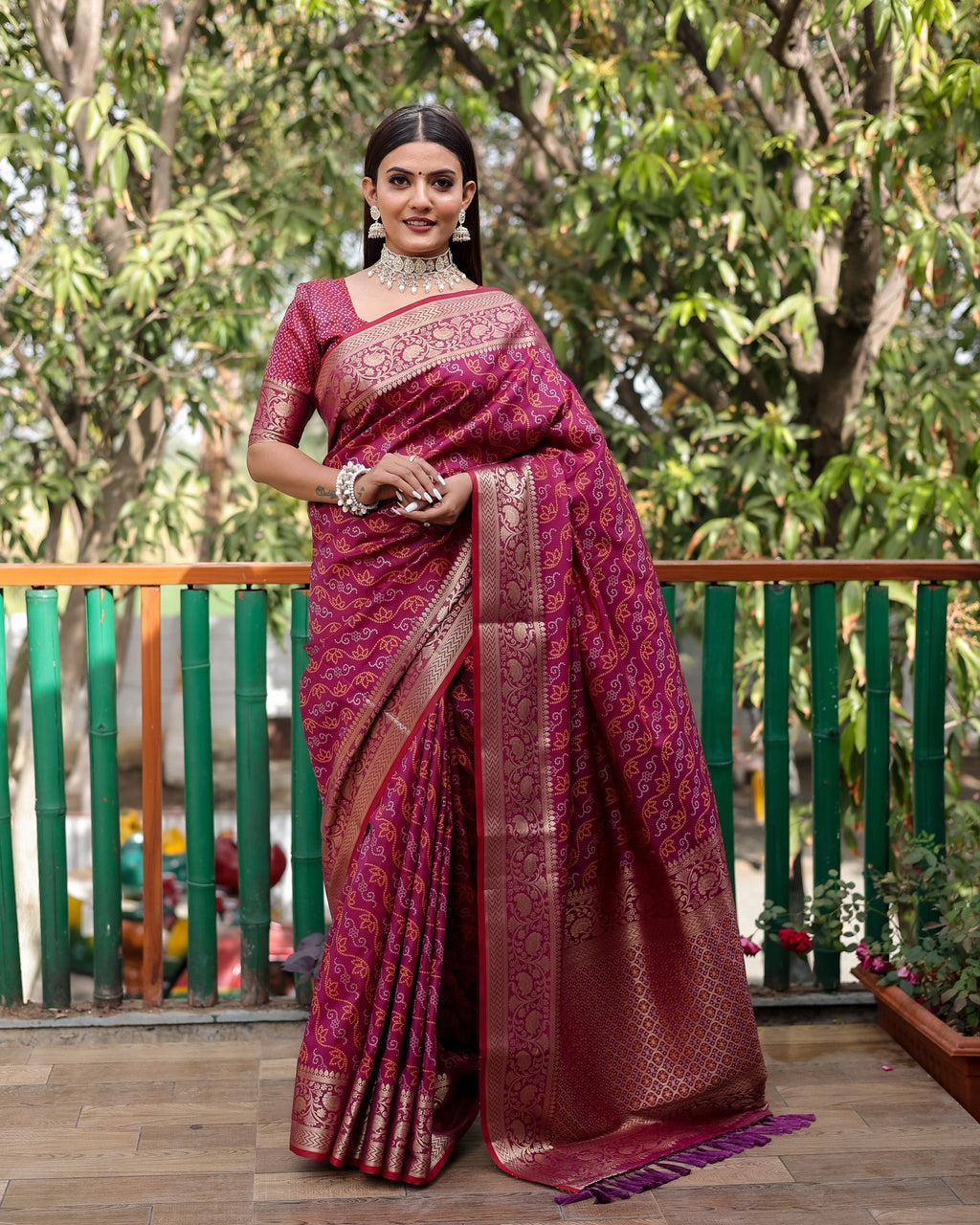 Lorenvalley Premium Bandhej Patola Silk Sarees with kanchi Borders and Contrast Zari Weaving borders Saree - Purple | Grocsy